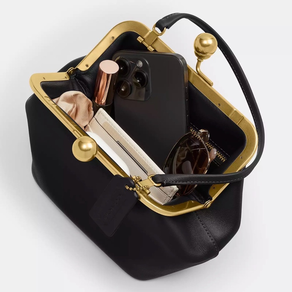Coach Kisslock Frame Bag 16 V2 w/ 2 Straps Brass/Black Glovetanned Leather NWT - Picture 5 of 16